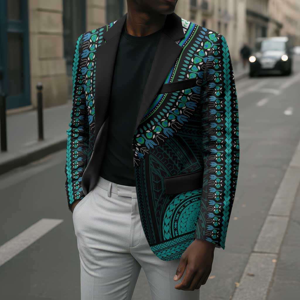 African Dashiki and Polynesian Pattern Blazer Teal