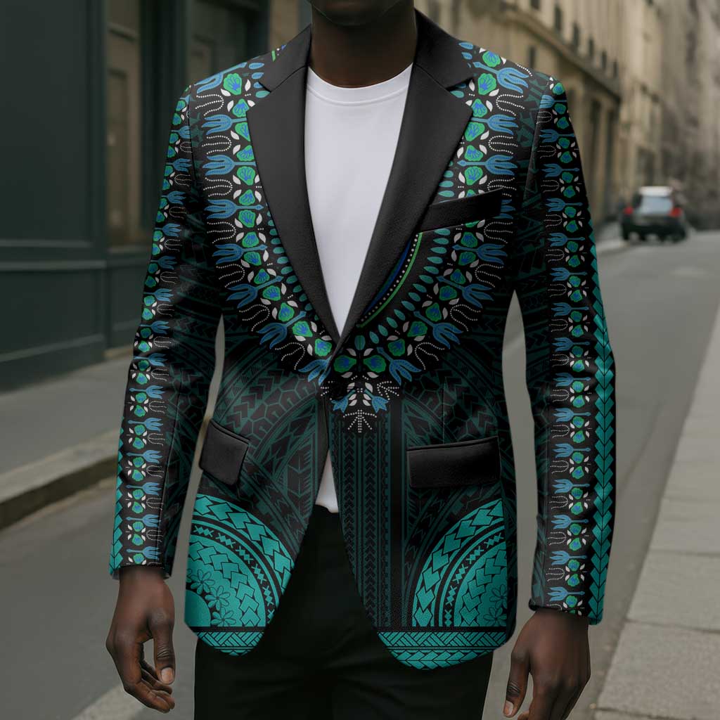 African Dashiki and Polynesian Pattern Blazer Teal
