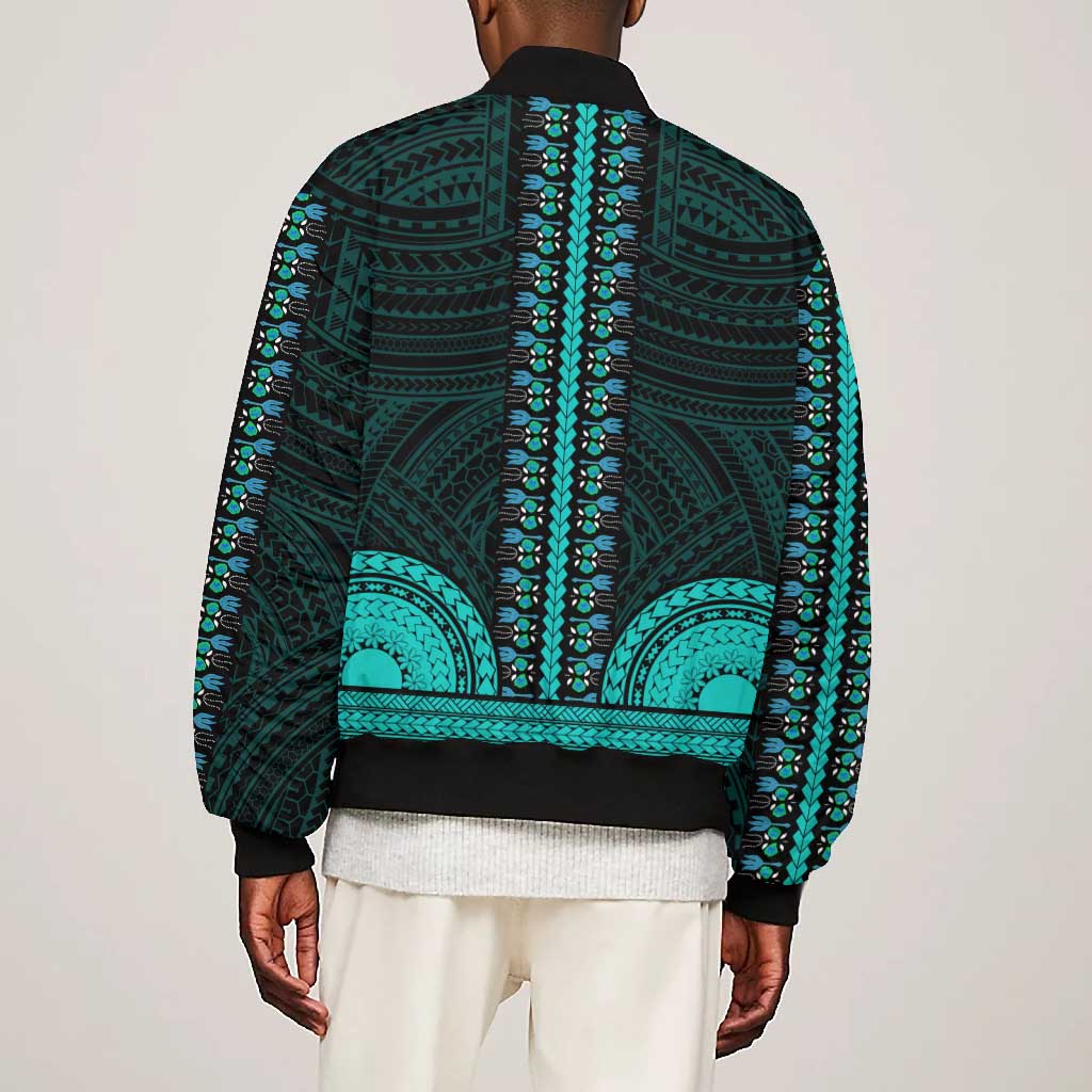 African Dashiki and Polynesian Pattern Bomber Jacket Teal