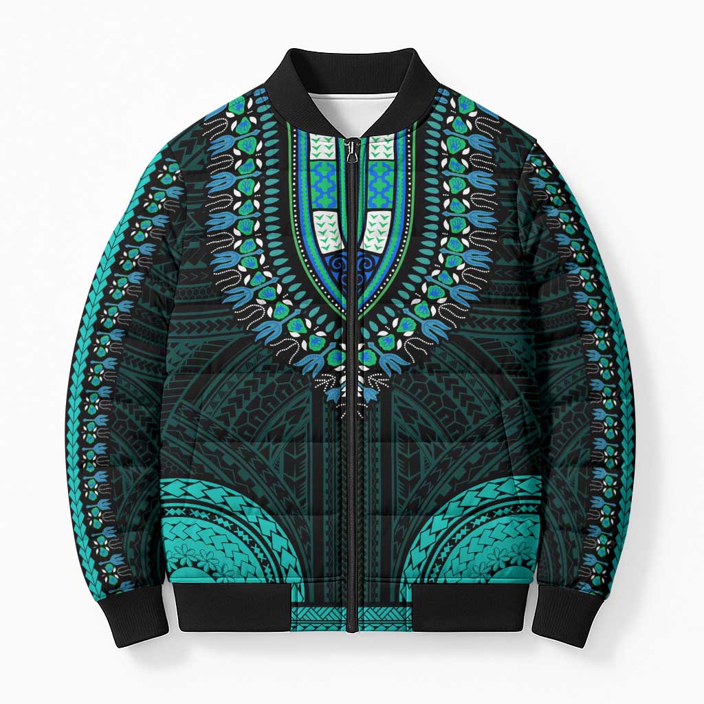 African Dashiki and Polynesian Pattern Bomber Puffer Jacket Teal