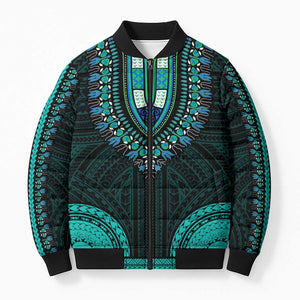 African Dashiki and Polynesian Pattern Bomber Puffer Jacket Teal