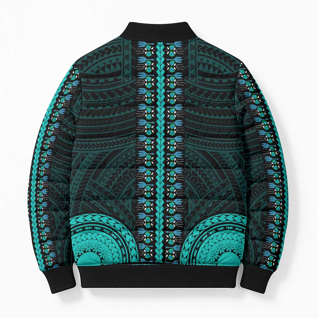 African Dashiki and Polynesian Pattern Bomber Puffer Jacket Teal