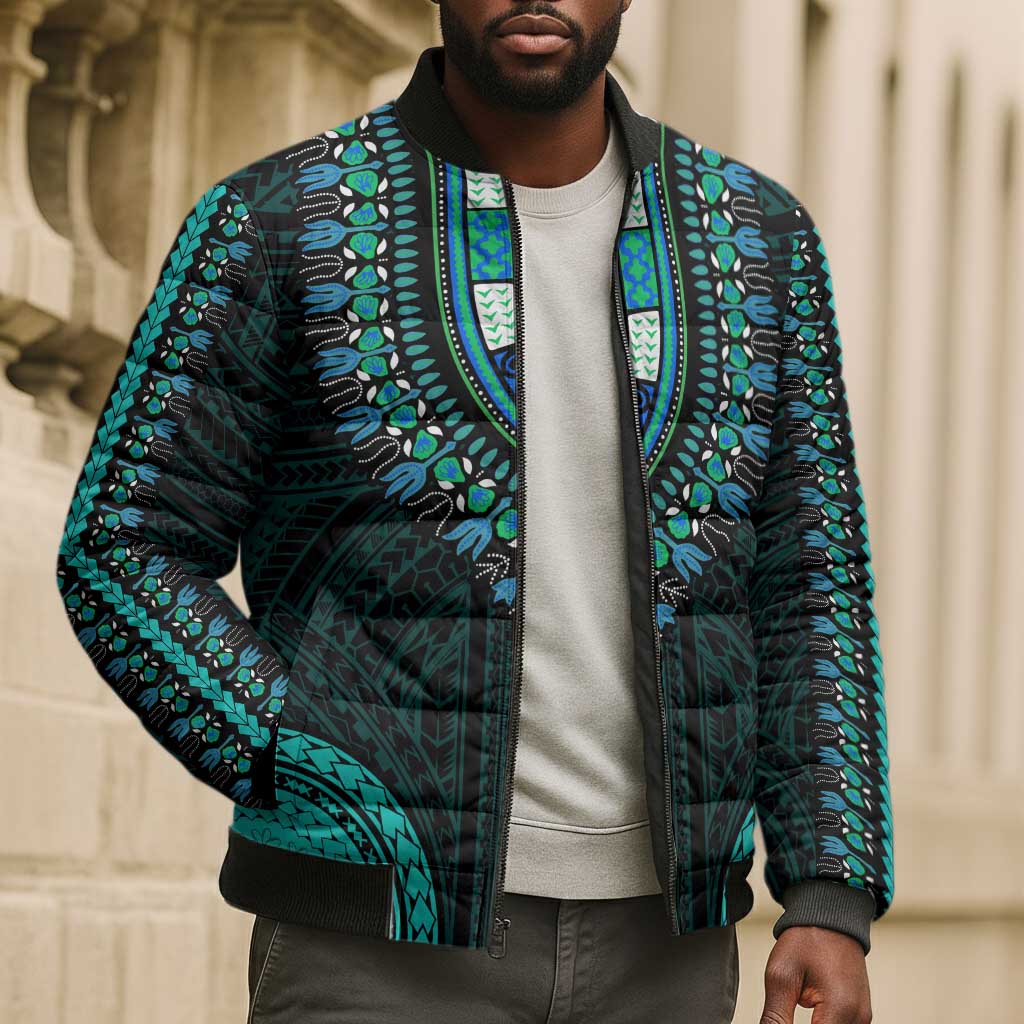 African Dashiki and Polynesian Pattern Bomber Puffer Jacket Teal