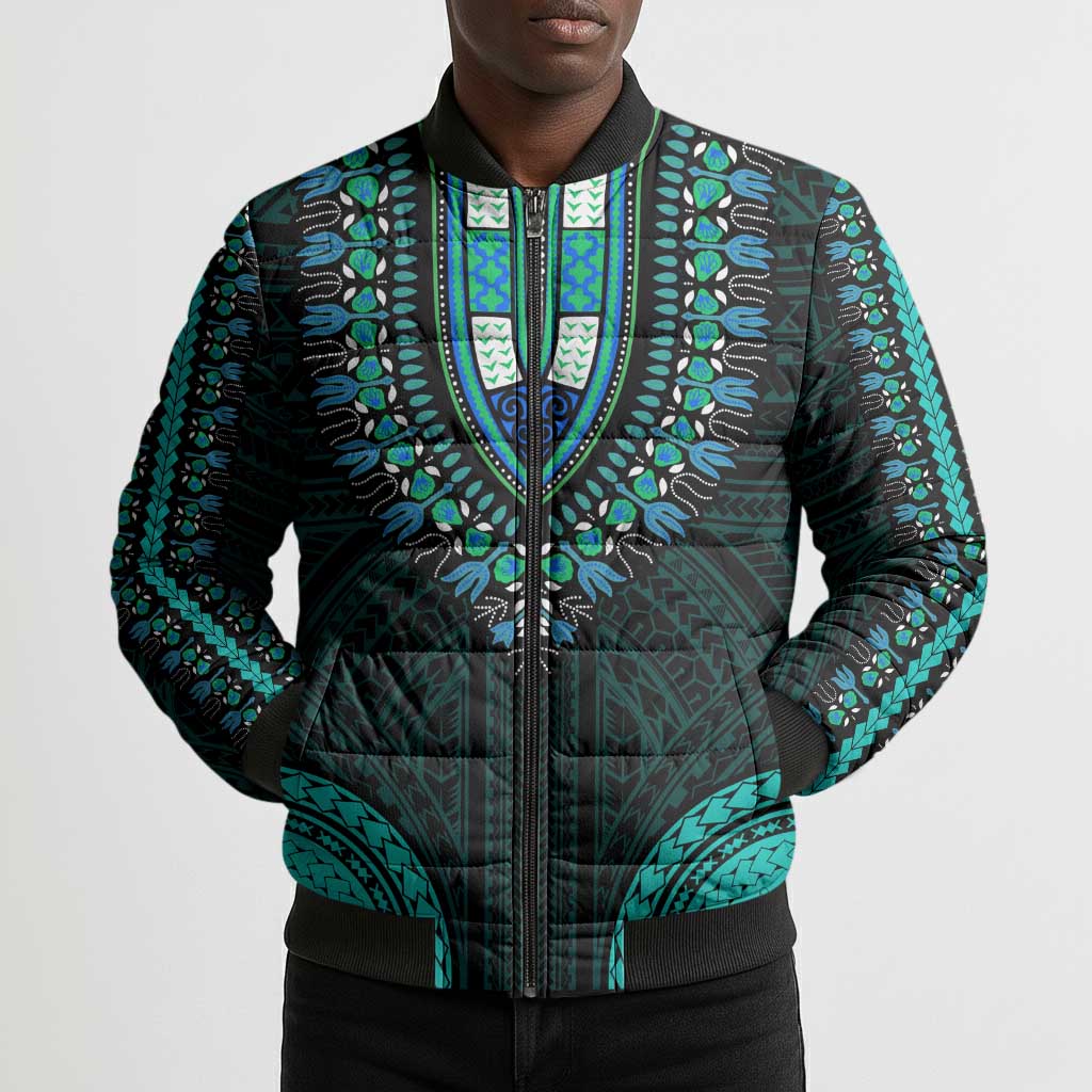 African Dashiki and Polynesian Pattern Bomber Puffer Jacket Teal