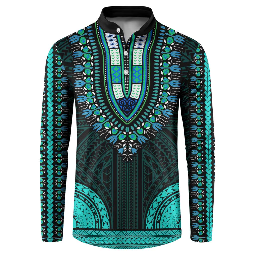 African Dashiki and Polynesian Pattern Button Sweatshirt Teal