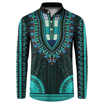 African Dashiki and Polynesian Pattern Button Sweatshirt Teal