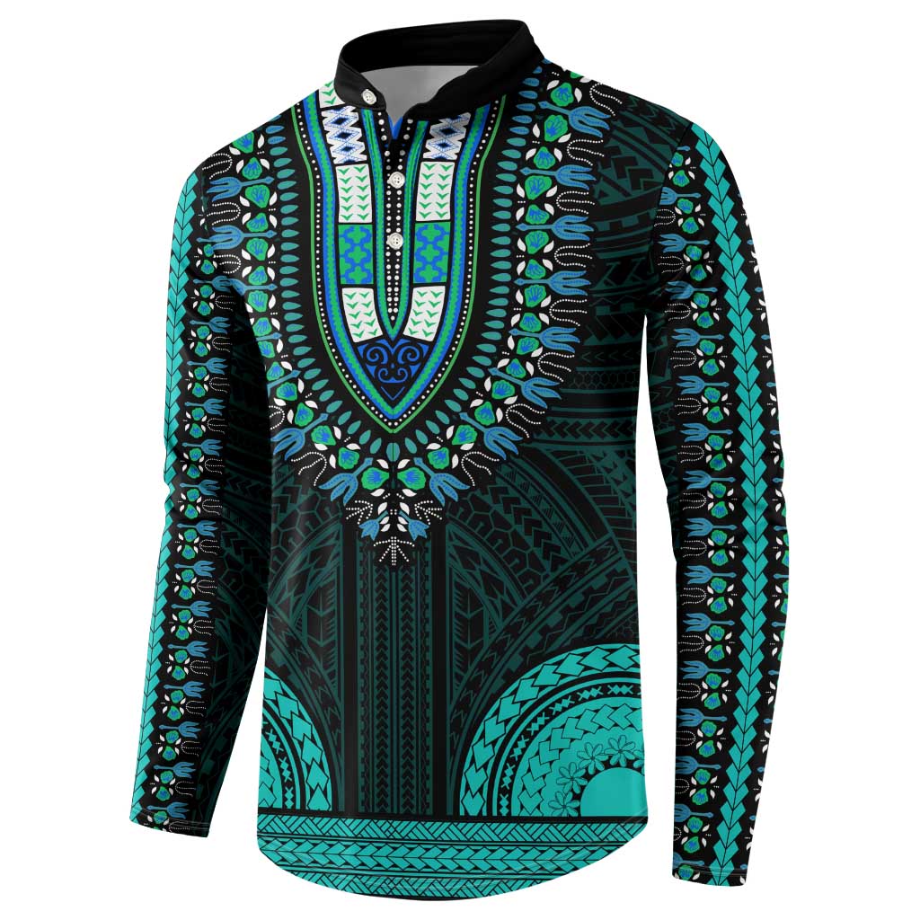 African Dashiki and Polynesian Pattern Button Sweatshirt Teal