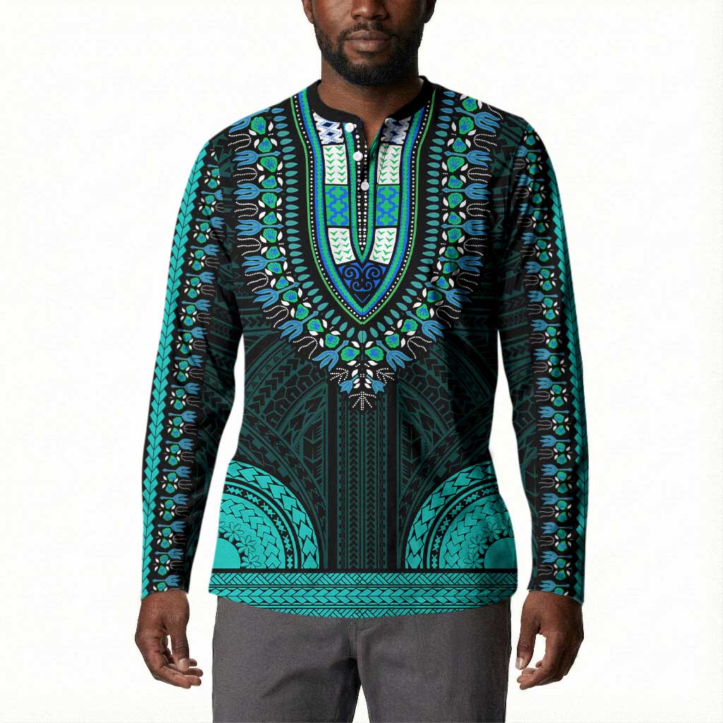 African Dashiki and Polynesian Pattern Button Sweatshirt Teal