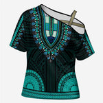 African Dashiki and Polynesian Pattern Cross Shoulder Shirt Teal