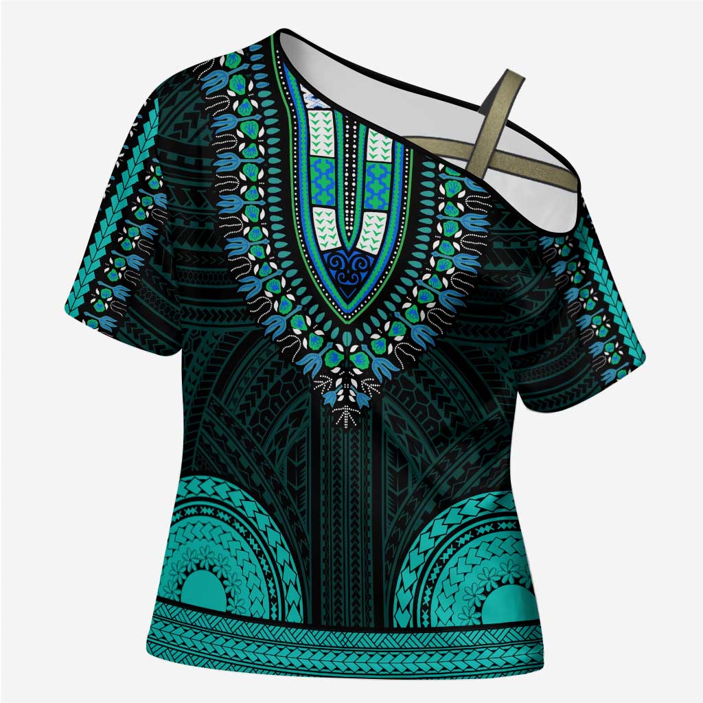 African Dashiki and Polynesian Pattern Cross Shoulder Shirt Teal