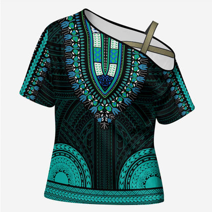 African Dashiki and Polynesian Pattern Cross Shoulder Shirt Teal