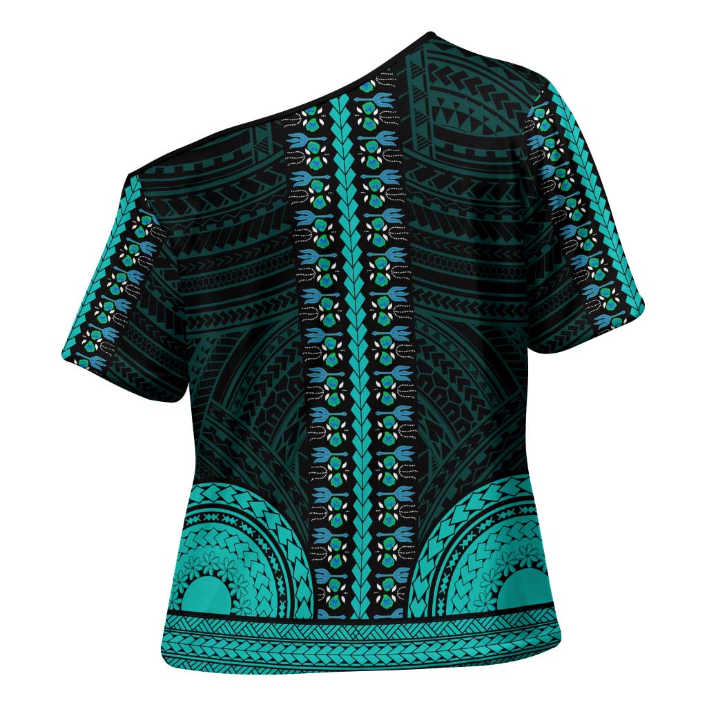 African Dashiki and Polynesian Pattern Cross Shoulder Shirt Teal