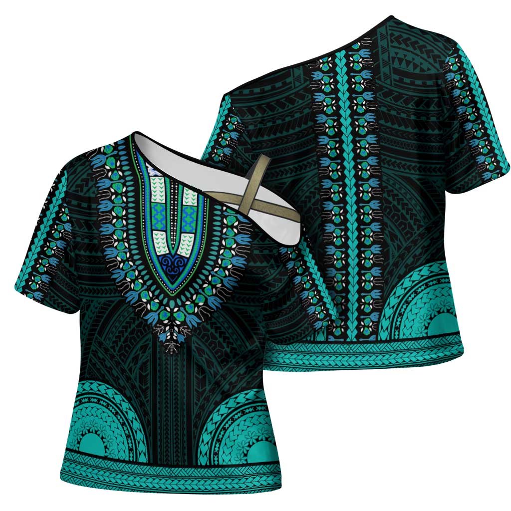 African Dashiki and Polynesian Pattern Cross Shoulder Shirt Teal