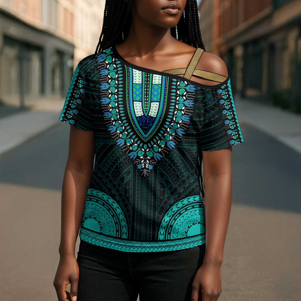 African Dashiki and Polynesian Pattern Cross Shoulder Shirt Teal
