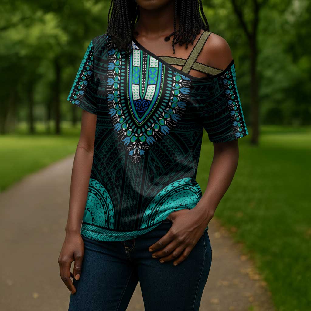 African Dashiki and Polynesian Pattern Cross Shoulder Shirt Teal