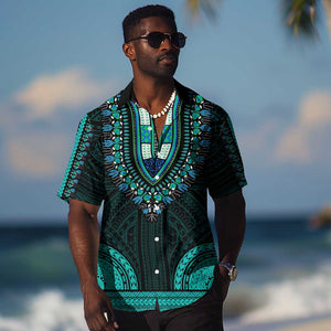 African Dashiki and Polynesian Pattern Hawaiian Shirt Teal