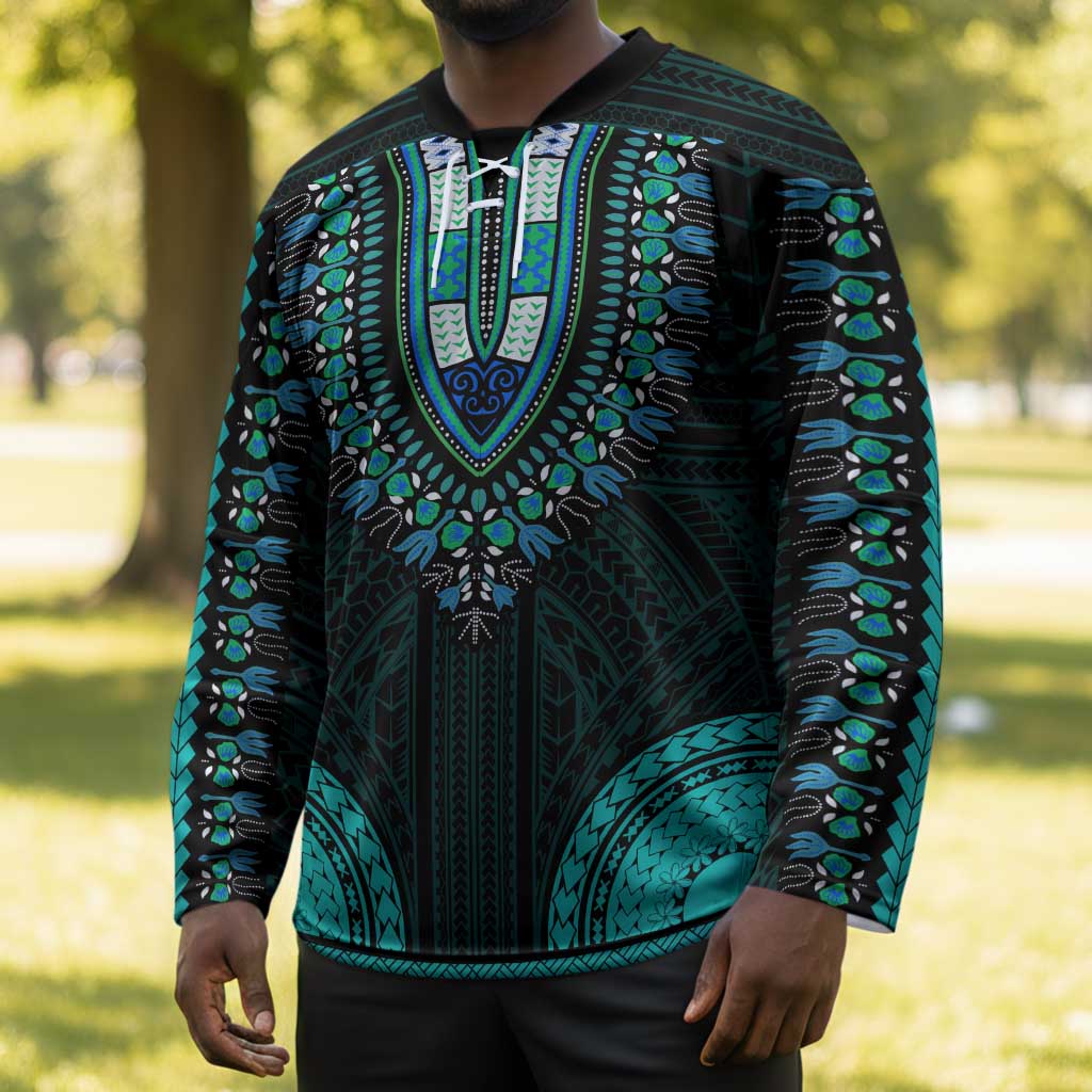 African Dashiki and Polynesian Pattern Hockey Jersey Teal