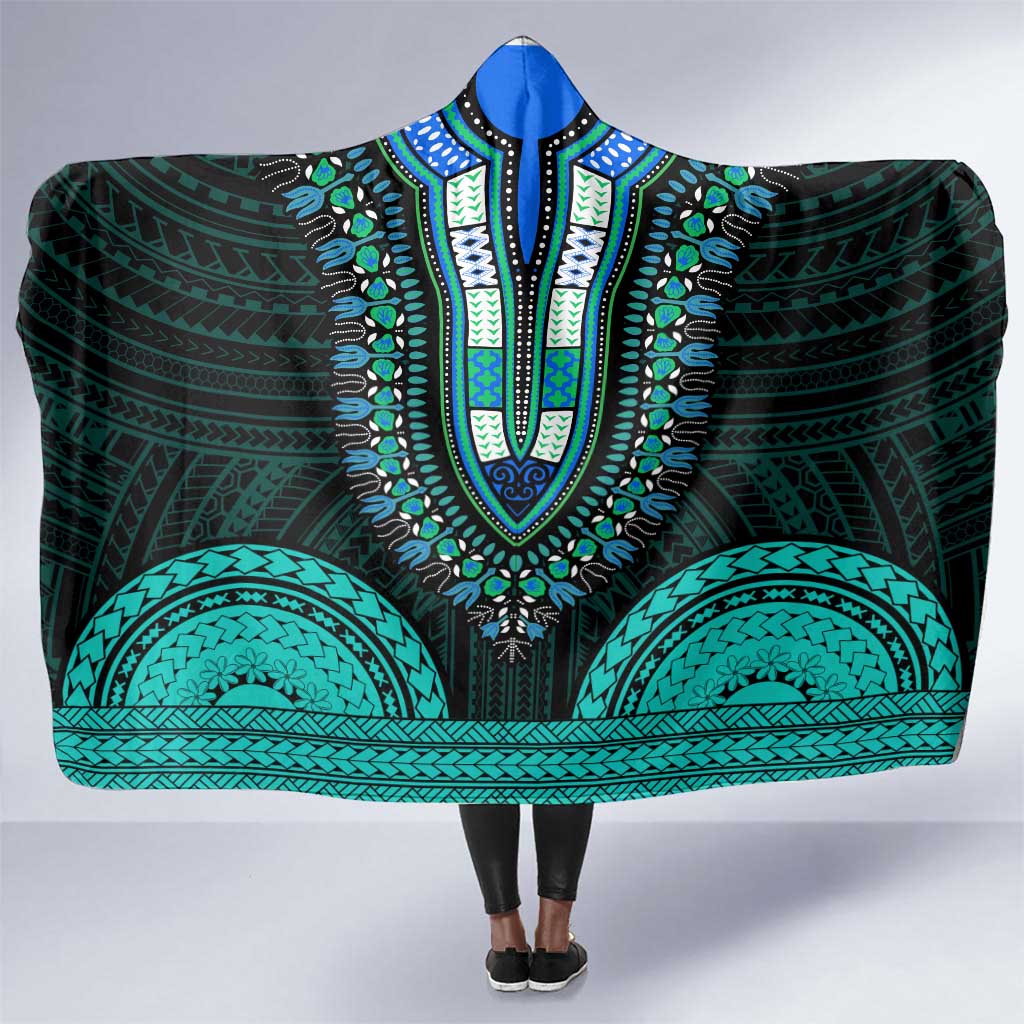 African Dashiki and Polynesian Pattern Hooded Blanket Teal