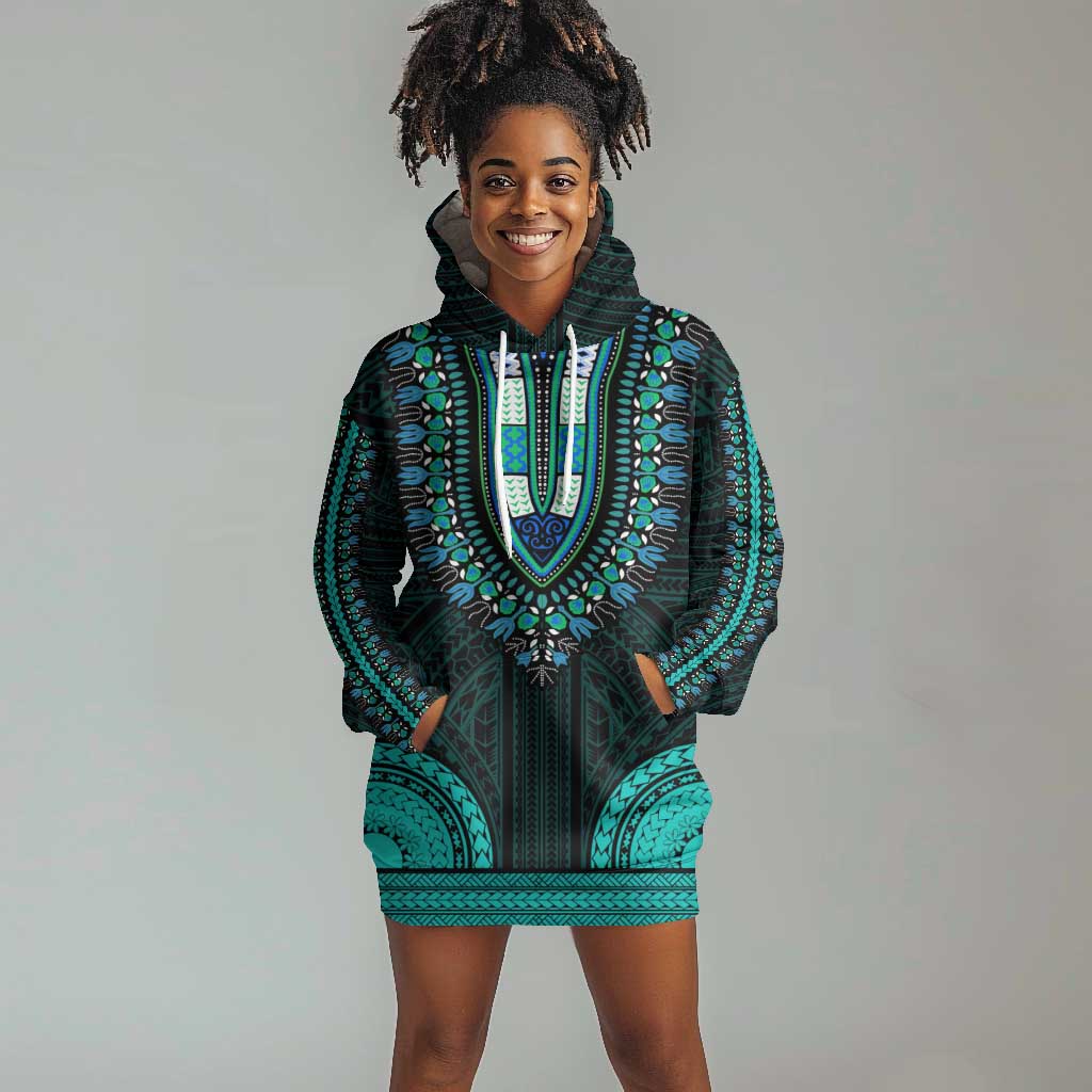 African Dashiki and Polynesian Pattern Hoodie Dress Teal