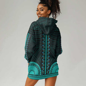 African Dashiki and Polynesian Pattern Hoodie Dress Teal