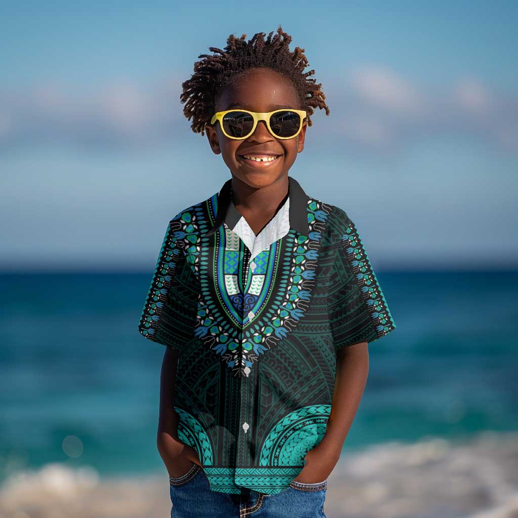 African Dashiki and Polynesian Pattern Kid Hawaiian Shirt Teal