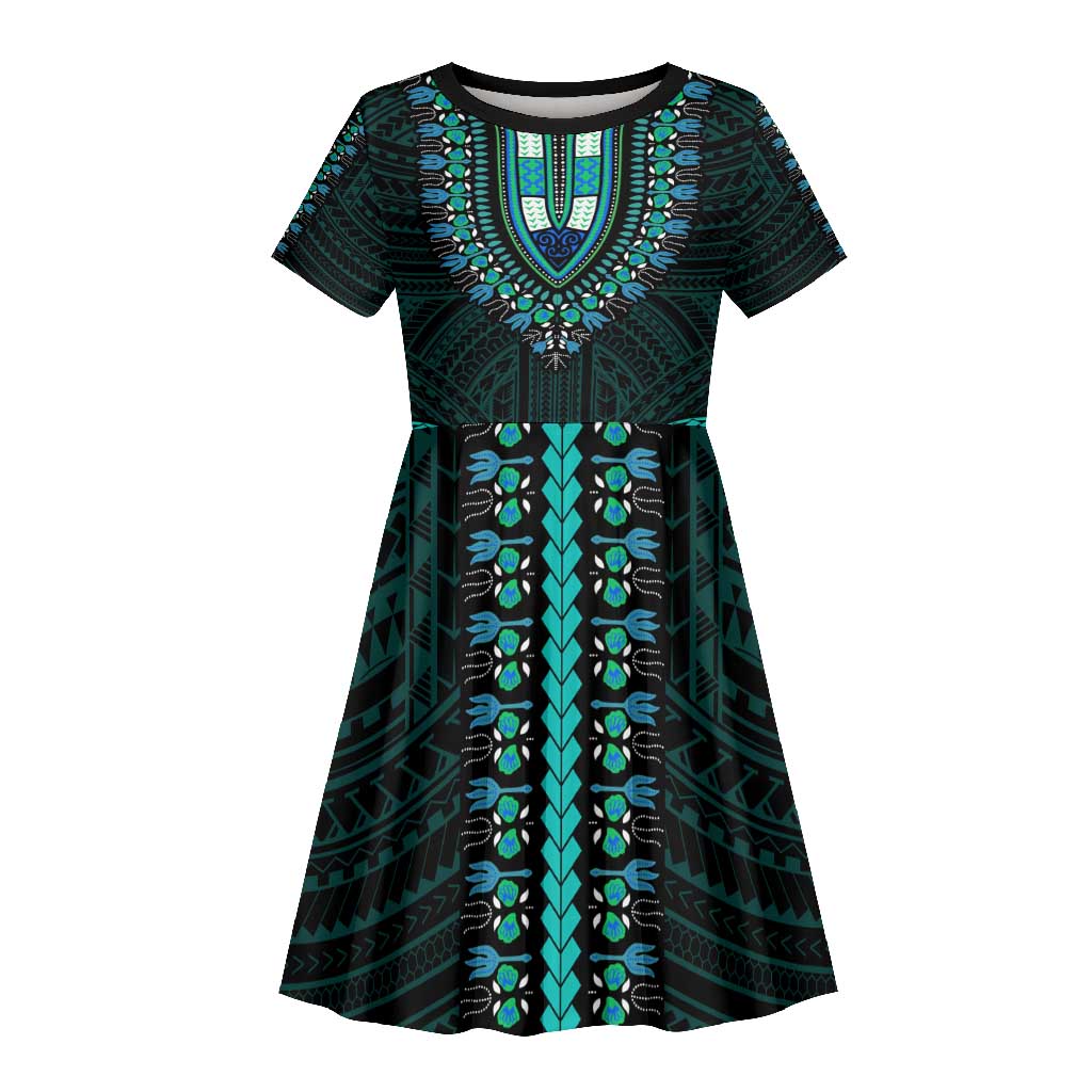 African Dashiki and Polynesian Pattern Kid Short Sleeve Dress Teal