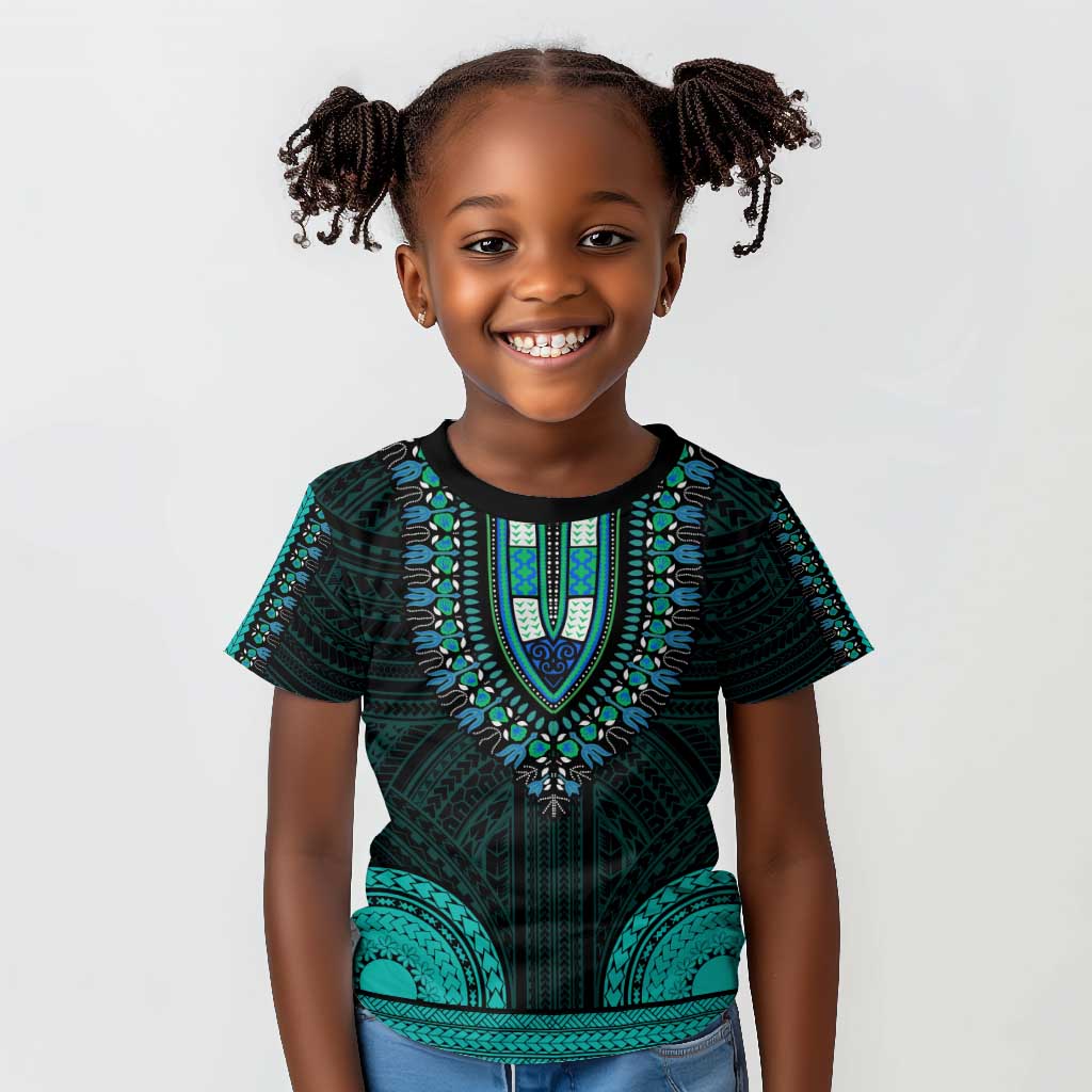 African Dashiki and Polynesian Pattern Kid T shirt Teal