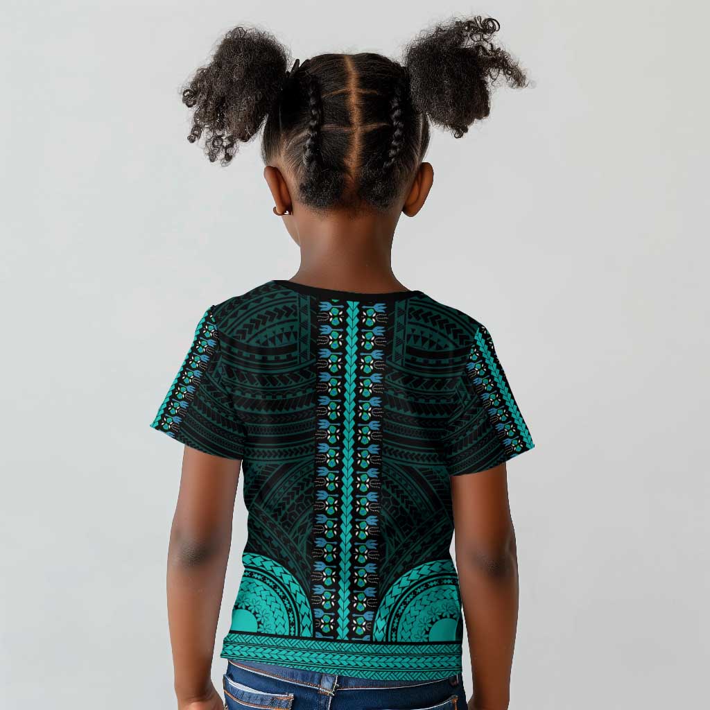African Dashiki and Polynesian Pattern Kid T shirt Teal