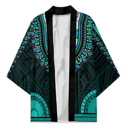 African Dashiki and Polynesian Pattern Kimono Teal