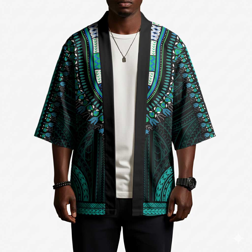 African Dashiki and Polynesian Pattern Kimono Teal