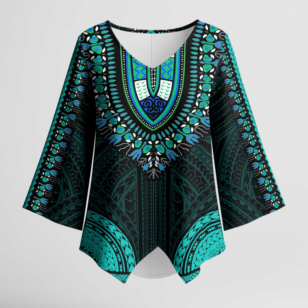 African Dashiki and Polynesian Pattern Kimono Sleeve Blouse Teal