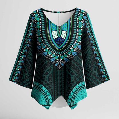 African Dashiki and Polynesian Pattern Kimono Sleeve Blouse Teal