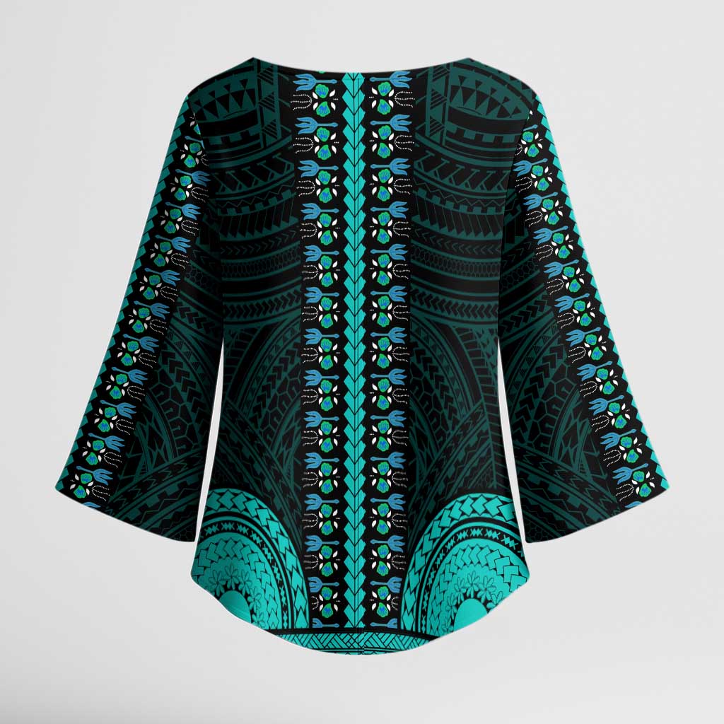 African Dashiki and Polynesian Pattern Kimono Sleeve Blouse Teal