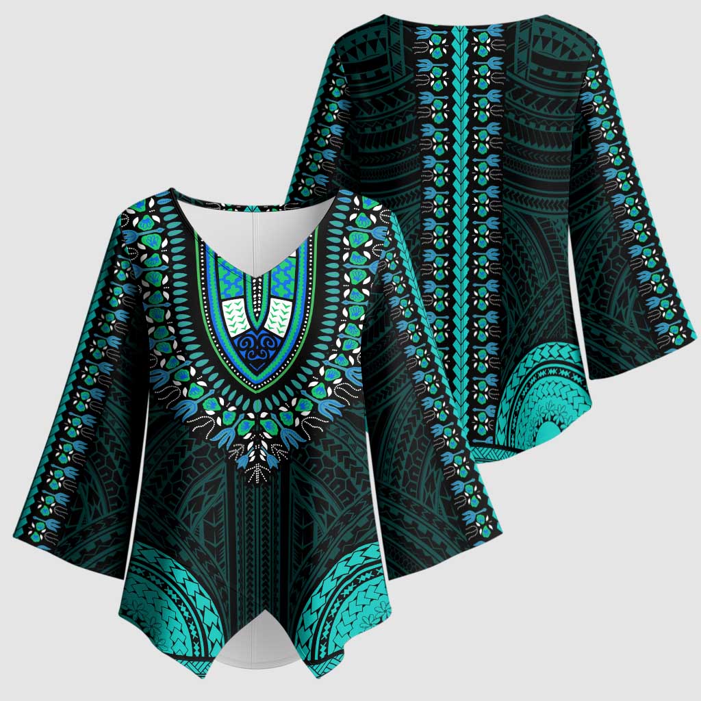 African Dashiki and Polynesian Pattern Kimono Sleeve Blouse Teal