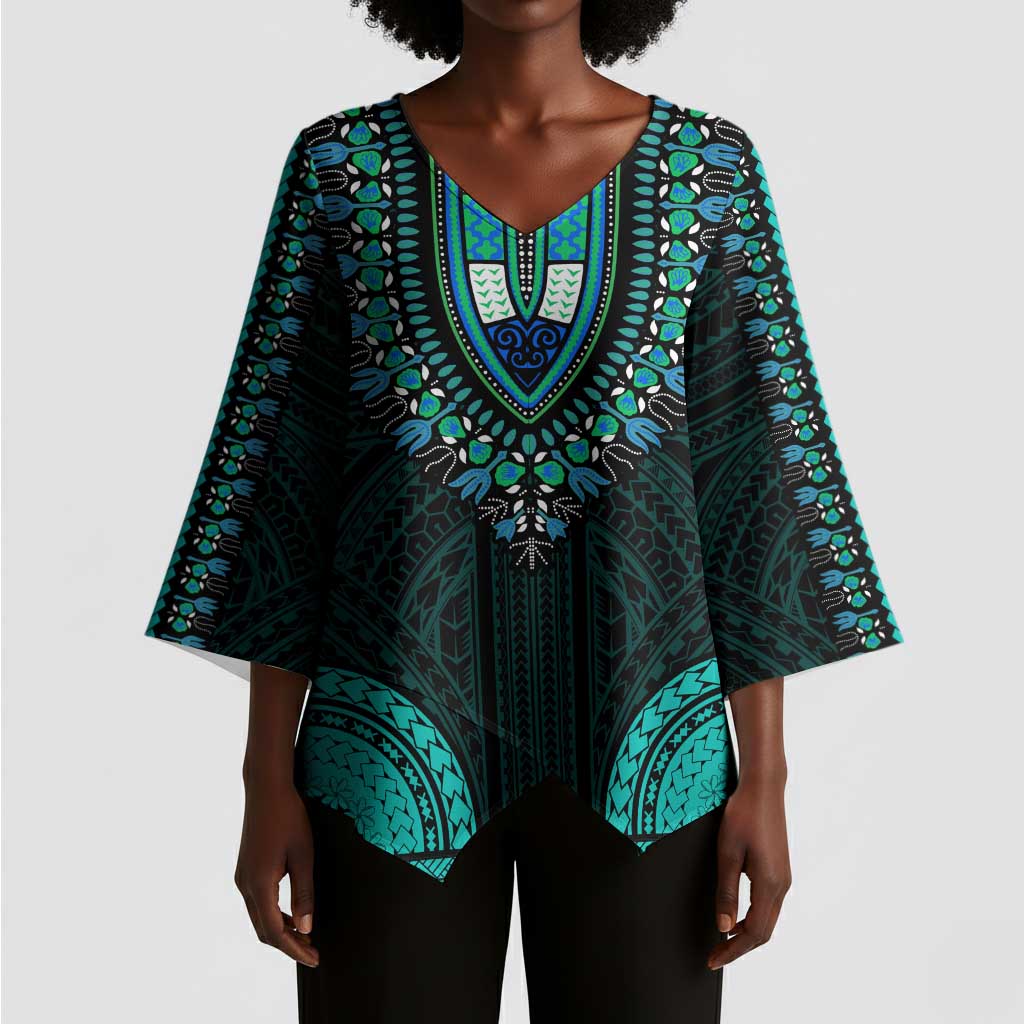 African Dashiki and Polynesian Pattern Kimono Sleeve Blouse Teal