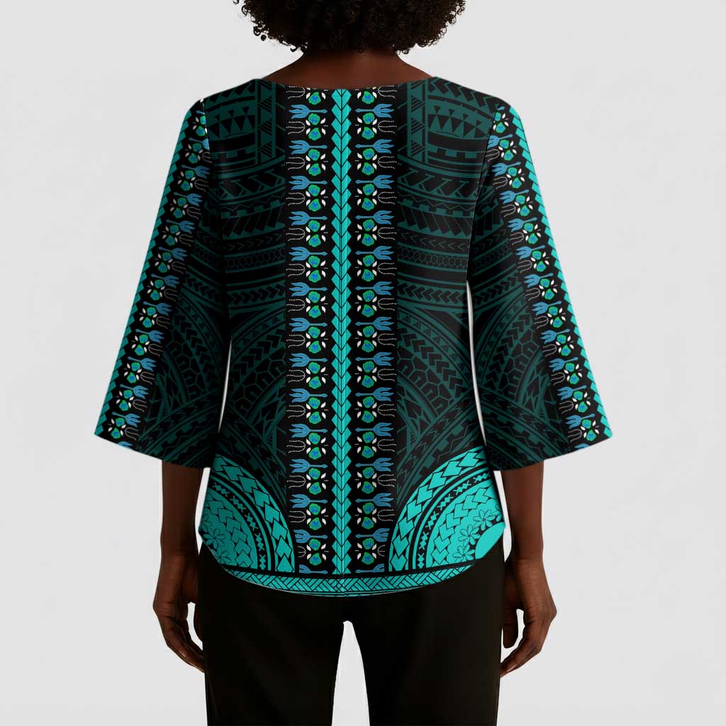 African Dashiki and Polynesian Pattern Kimono Sleeve Blouse Teal