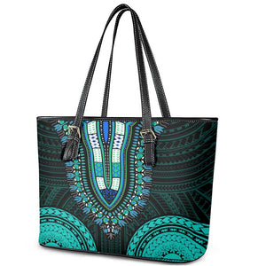 African Dashiki and Polynesian Pattern Leather Tote Bag Teal