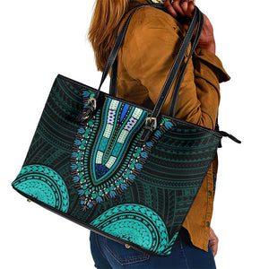 African Dashiki and Polynesian Pattern Leather Tote Bag Teal