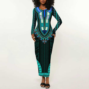 African Dashiki and Polynesian Pattern Long Sleeve Bodycon Dress Teal