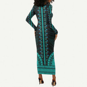 African Dashiki and Polynesian Pattern Long Sleeve Bodycon Dress Teal