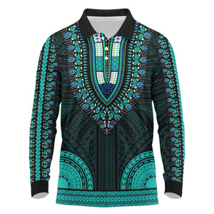 African Dashiki and Polynesian Pattern Long Sleeve Polo Shirt Teal