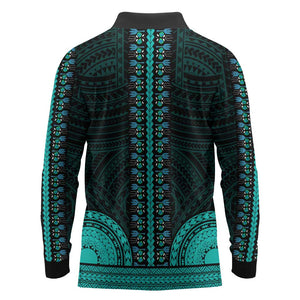 African Dashiki and Polynesian Pattern Long Sleeve Polo Shirt Teal