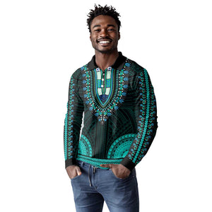 African Dashiki and Polynesian Pattern Long Sleeve Polo Shirt Teal