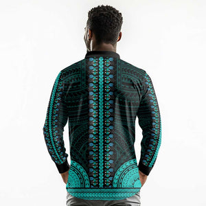 African Dashiki and Polynesian Pattern Long Sleeve Polo Shirt Teal