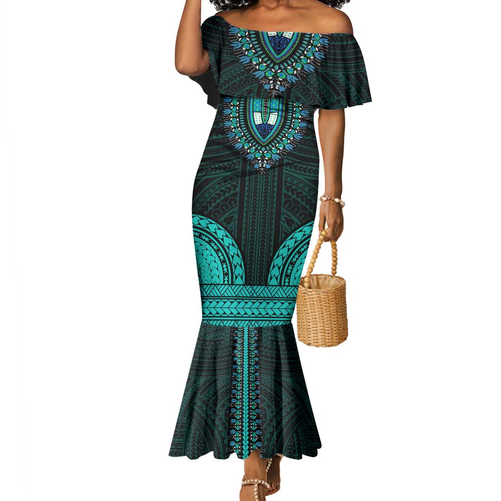 African Dashiki and Polynesian Pattern Mermaid Dress Teal