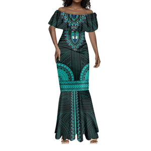 African Dashiki and Polynesian Pattern Mermaid Dress Teal