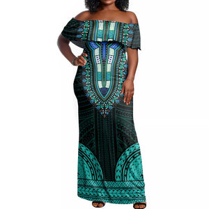 African Dashiki and Polynesian Pattern Off Shoulder Maxi Dress Teal