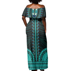 African Dashiki and Polynesian Pattern Off Shoulder Maxi Dress Teal