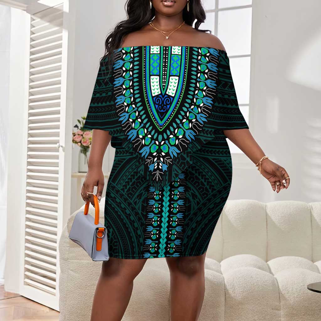 African Dashiki and Polynesian Pattern Off Shoulder Short Dress Teal