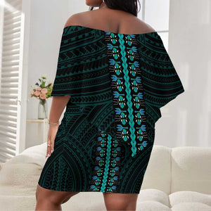 African Dashiki and Polynesian Pattern Off Shoulder Short Dress Teal